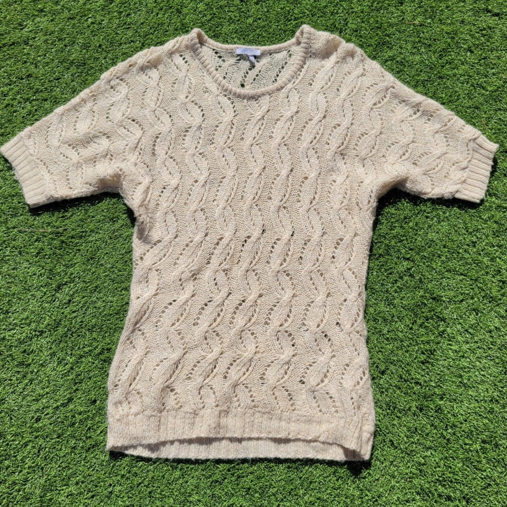 VTG 90s Delia's Cream Tunic Open Knit Crochet Pointelle Sweater Short Sleeve S